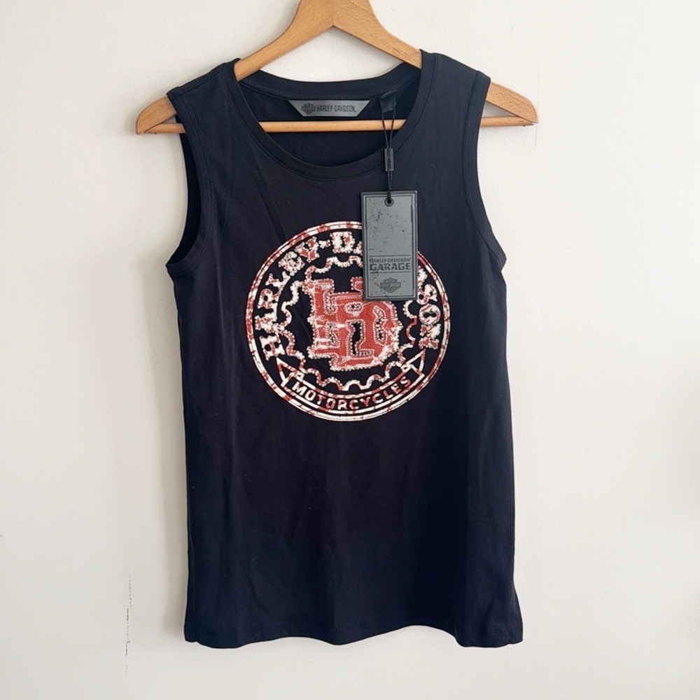 Harley Davidson oversized side slit sequin graphic sleeveless top NWT